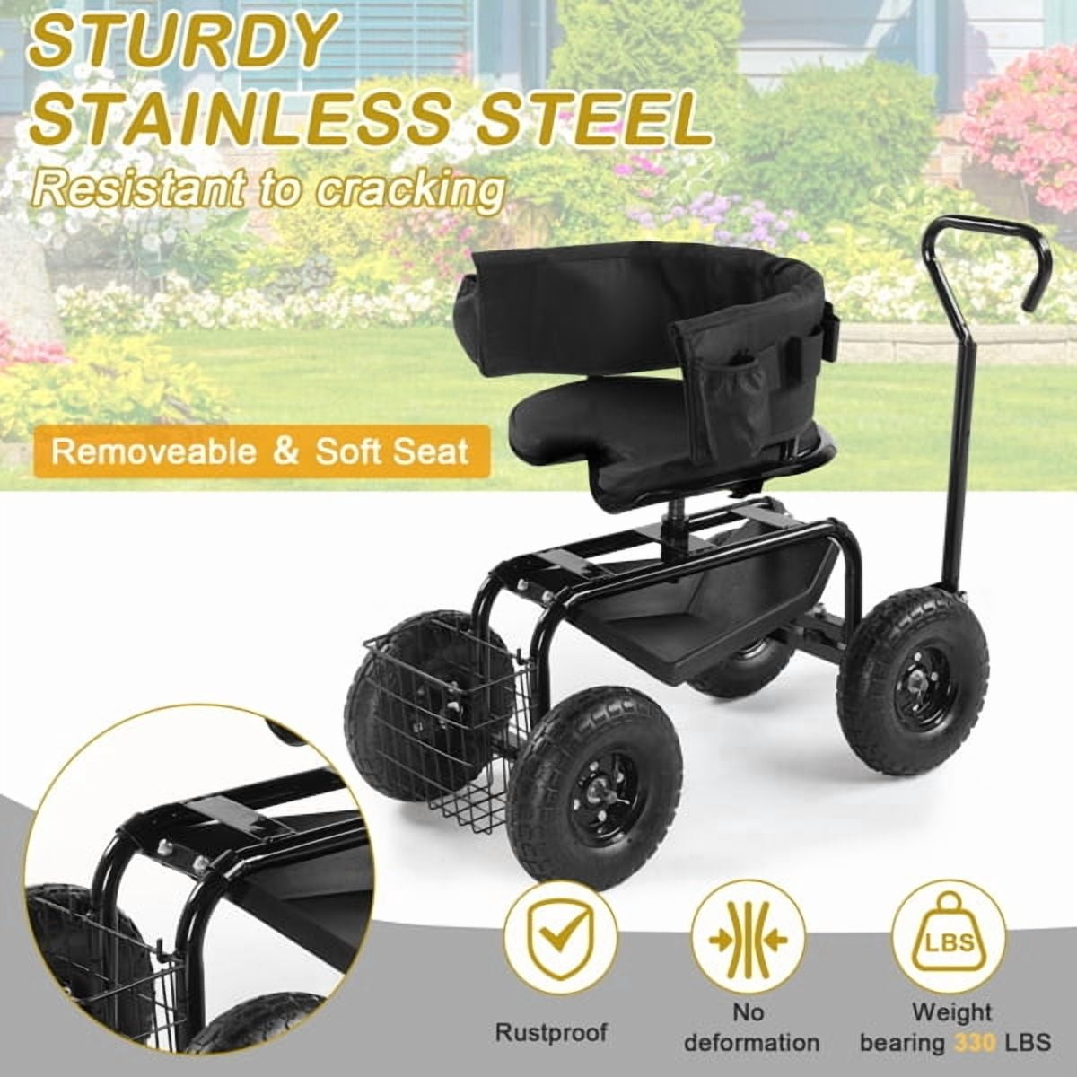Rolling Garden Cart with Cushioned Backrest & Seat, Outdoor Gardening Stool for Planting, Garden Scooter with 360 Degree Swivel Seat & Steering Handle & Tool Tray, Black