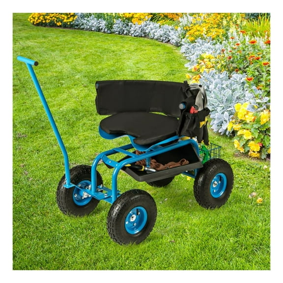 Rolling Garden Cart with Seat - Adjustable Height Swivel Garden Scooter with Storage Basket, 330lbs Capacity - Outdoor Yard Farm Tool Cart for Gardening, Repair & Landscaping