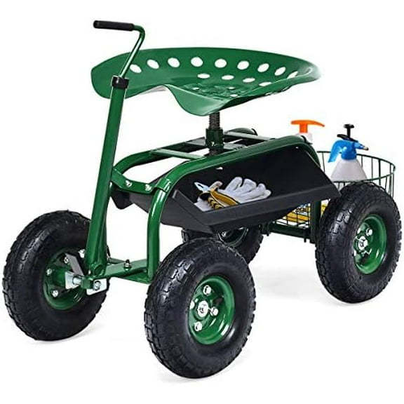 Rolling Garden Cart with Seat, Heavy Duty Gardening Scooter w/Wheels, Storage & Extendable Steering Handle, Garden Work Seat for Planting, Green$$Garden &