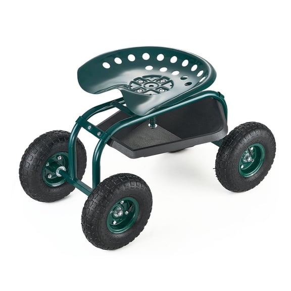 Rolling Garden Cart with Swivel Seat, 300lbs Capacity, Garden Seat with Storage & Tool Tray, Outdoor Utility Gardening Stool for Planting, Weeding, Lawn