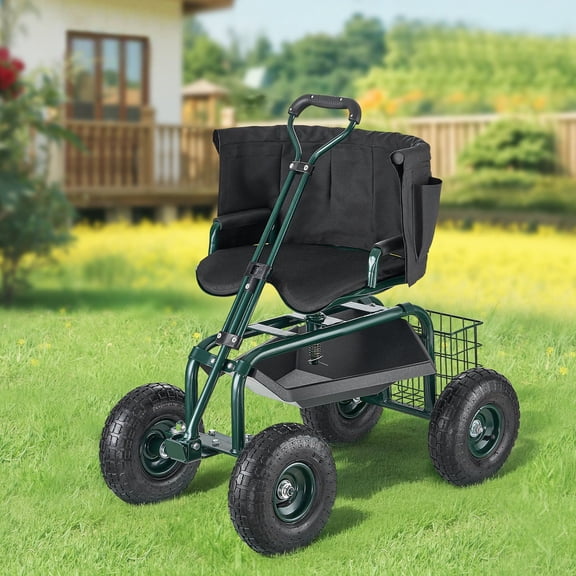 Rolling Garden Cart with Swivel Seat, Adjustable Backrest, Built-in Toolbox, Large Wheels & Extendable Handle for Ultimate Gardening Comfort and Efficiency