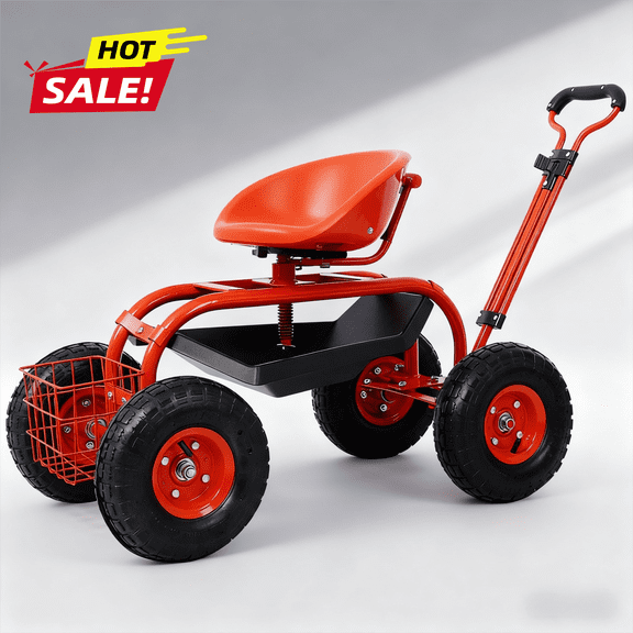 Rolling Garden Cart with 360 ° Swivel Seat, Heavy-Duty 300lbs Capacity,( Red )