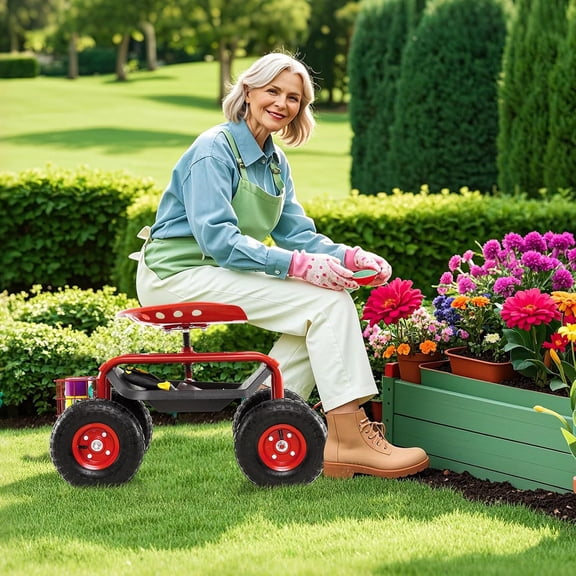 Rolling Garden Cart with 360 Swivel Seat, Heavy Duty Wagon Scooter for Weeding and Yard Work