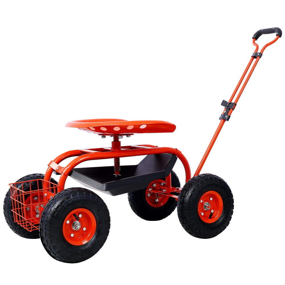 Red Adjustable Steel Rolling Garden Cart with Seat and Storage