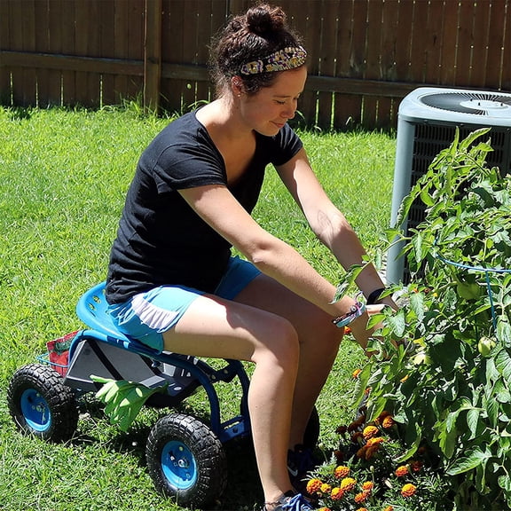 Rolling Garden Cart with Seat - Blue Utility Tool Tray and Storage Basket