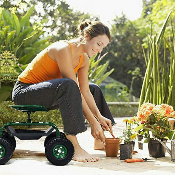 Rolling Garden Cart with Seat, Heavy Duty Gardening Scooter w/ Wheels, Storage & Extendable Steering Handle, Garden Work Seat for Planting, Green