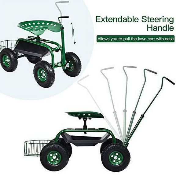 Rolling Garden Cart with Seat, Heavy Duty Gardening Scooter w/ Wheels, Storage & Extendable Steering Handle, Garden Work Seat for Planting, Green