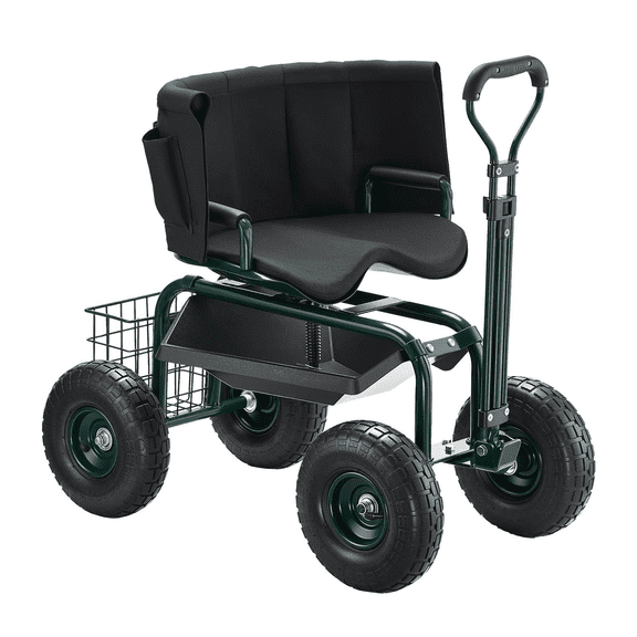 Rolling Garden Cart with Swivel Seat - Garden Scooter with Toolbox, Extendable Handle, 10in Tires