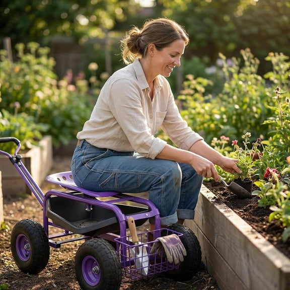 Rolling Garden Cart with Swivel Seat and Storage - Heavy Duty Outdoor Workseat for Gardening, Yard & Lawn Care ()