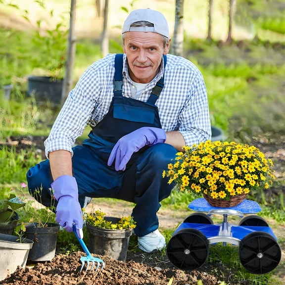 Rolling Garden Seat, Utility Garden Stool with Flat Wheels, Foldable Lazy Garden Seat Stool, Picking Rotary Tool Cart with Storage Shelf, Adjustable Height -Blue