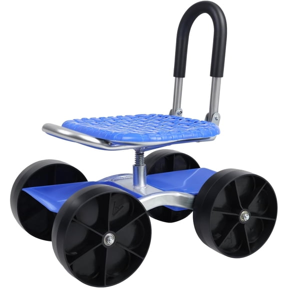 Rolling Garden Seat, Utility Garden Stool with Flat Wheels, Foldable Lazy Seat Stool, Picking Rotary Tool Cart with Storage Shelf, Adjustable Height (Blue)