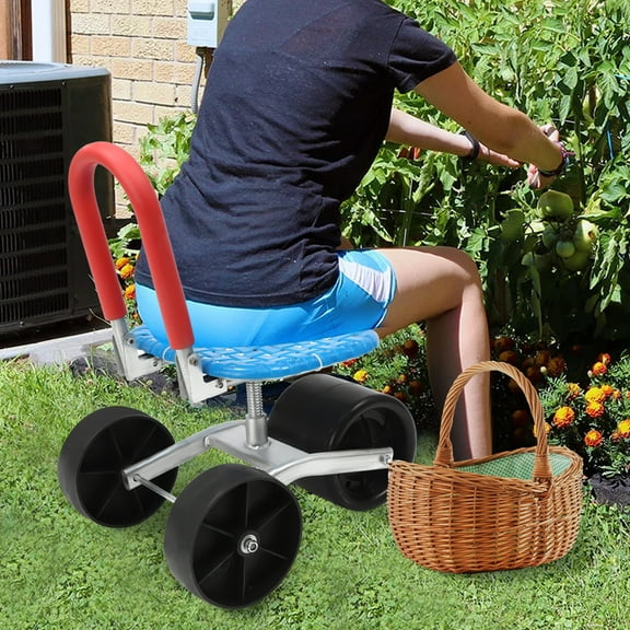 Rolling Garden Stool 150kg - Heavy-Duty High-Carbon Steel Cart w/3360 PE Wheels, Adjustable Height 23-38cm, L-Shaped Seat for Farm Orchards