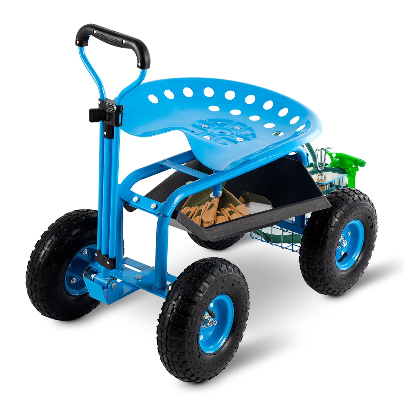 HeavyDuty Blue Rolling Garden Tool Cart with Seat and Handle, Dolly