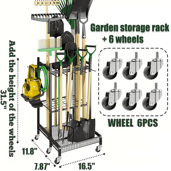 Rolling Garden Tool Storage Rack, Yard Tool Tower for Garage Organization and Storage, Holds Long-Handled Tools/Rakes/Brooms, Heavy-Duty Steel Garden Tool Rack, Perfect for Sheds and Outdoor Use