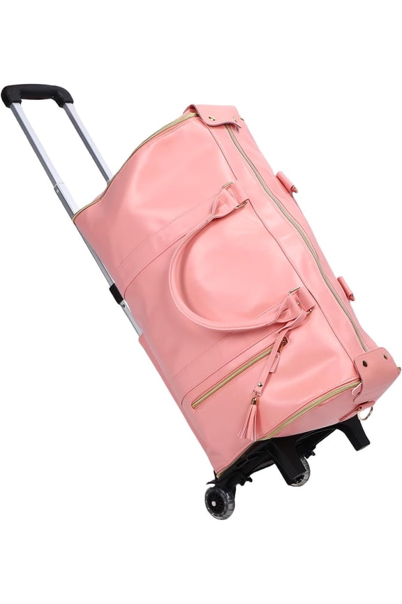 Rolling Garment Bag, 40L Travel Suit Garment Duffle Bag with Wheels and Handle, Convertible Leather Carry on Luggage, Suitcase for Business Weekender (Pink)