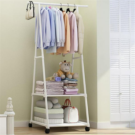 Rolling Garment Rack, Clothes Rack 2 Tier, Heavy Duty Steel Clothes Rack on Wheels with 2-Tier Storage Shelves and 2 Hooks, Portable Garment Laundry Rack for Home Office (White)