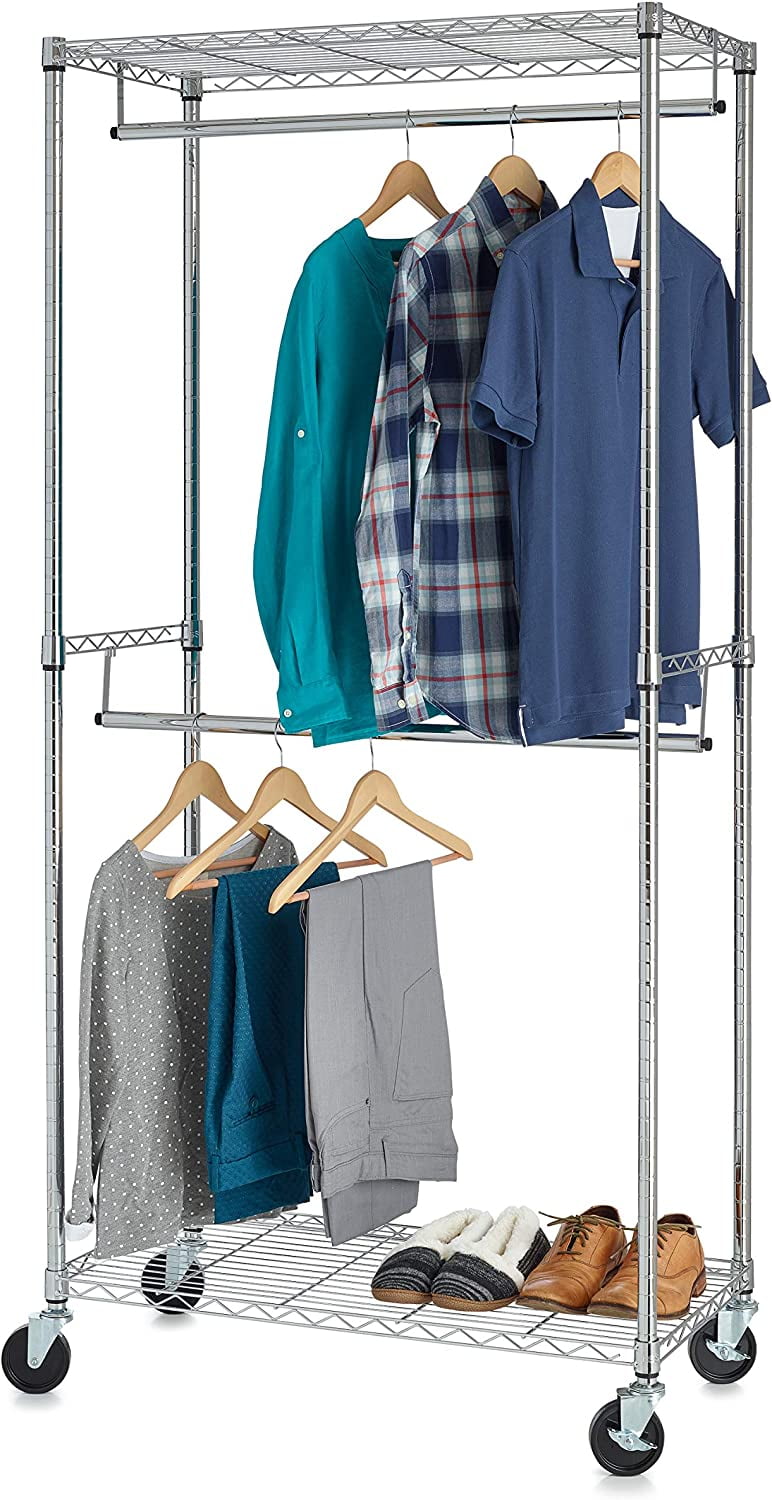 Rolling Garment Rack Clothes Rack With Double Hanger Rods And Shelves