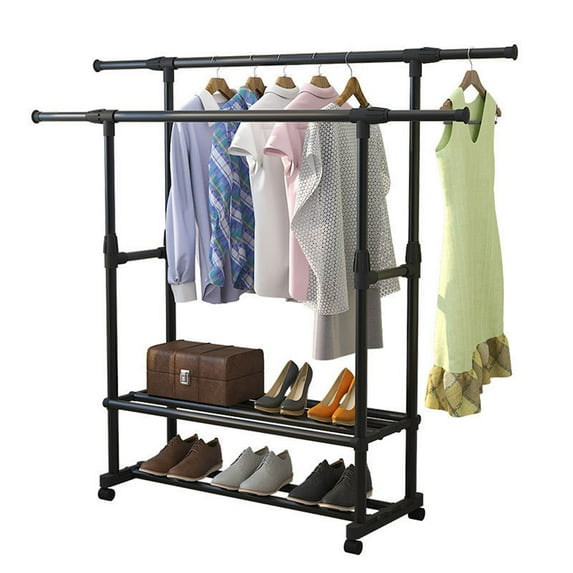 Rolling Garment Rack, Double Rail Clothing Rack with Shelf, Garment Rack on Wheels, Clothes Rack 2 Layer, Commercial Clothes Garment Rack Freestanding Clothes Hanging Rack for Hanging Clothes