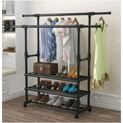 Rolling Garment Rack, Double Rail Clothing Rack with Shelf, Garment Rack on Wheels, Clothes Rack 3 Layer, Commercial Clothes Garment Rack Freestanding Clothes Hanging Rack for Hanging Clothes