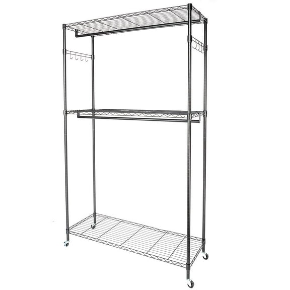 Rolling Garment Rack, Heavy Duty Clothes Rack with Shelves(Per Shelf Maximum Load 110 Lbs ), 2 Rod Clothing Racks for Hanging Clothes, Black