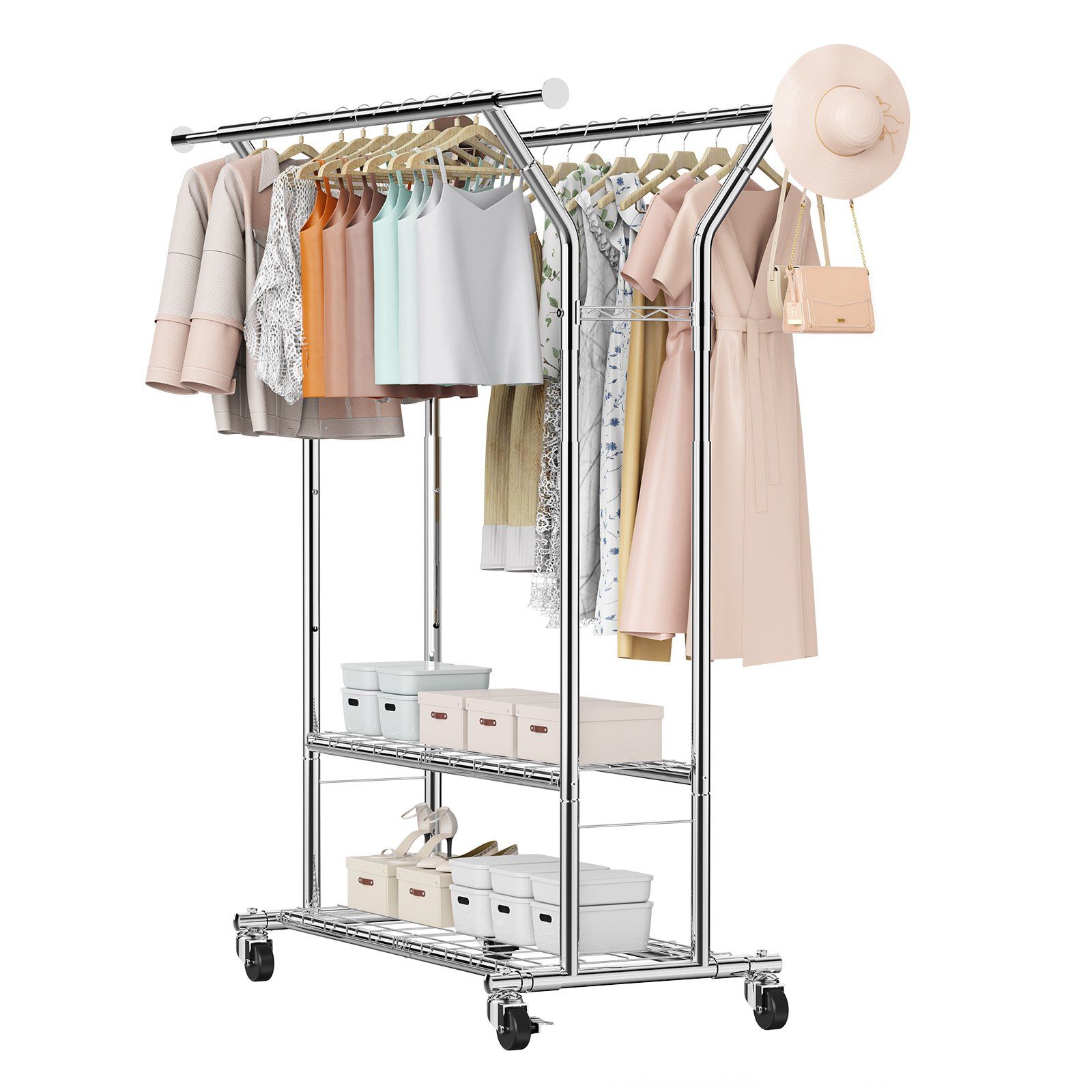 Rolling Garment Rack with 2 Hanging Rods 2 Shelves 264 lbs Load ...