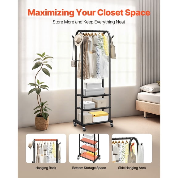 Heavy Duty Rolling Clothes Rack with Hanging Rod 3 Shelves and Hooks 99 lbs Capacity Carbon Steel Garment Rack for Bedroom Laundry Living Room
