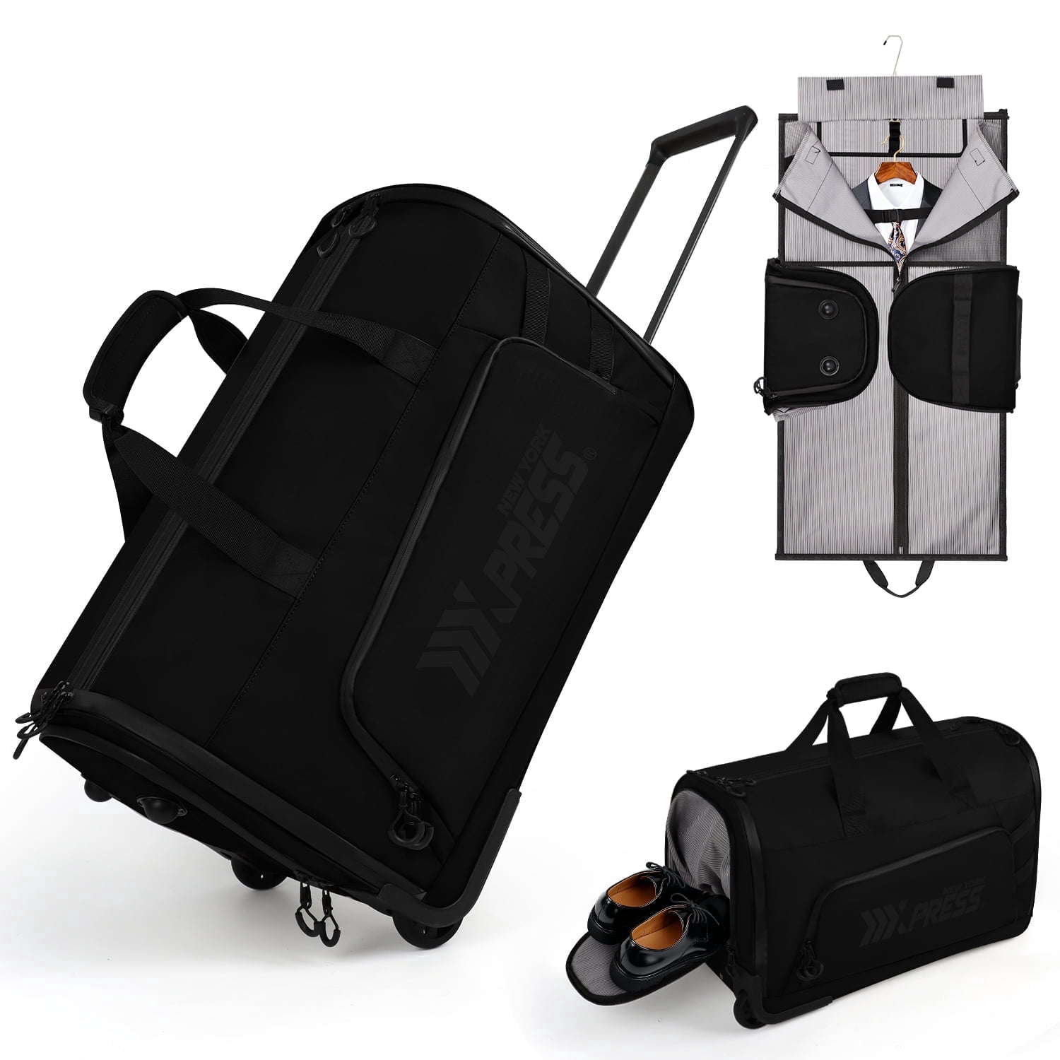New York Xpress Convertible Rolling Garment Bag for Travel, with Wheels & Shoe Pouch, for Weekend & Business, Black, RG161