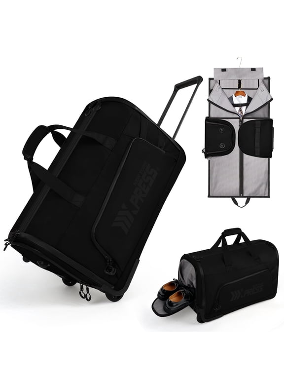 Convertible Rolling Garment Bag for Travel, with Wheels & Shoe Pouch, for Weekend & Business, Black, RG161