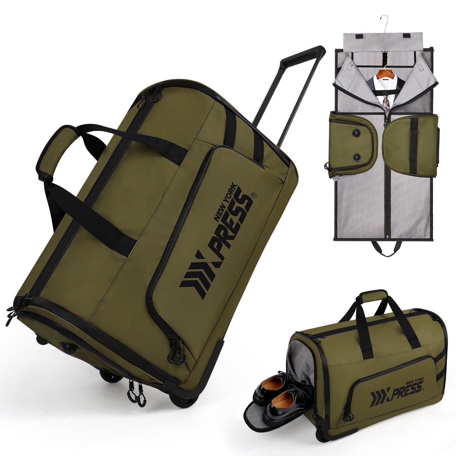New York Xpress Convertible Rolling Garment Bag for Travel, with Wheels & Shoe Pouch, for Weekend & Business, Green, RG161