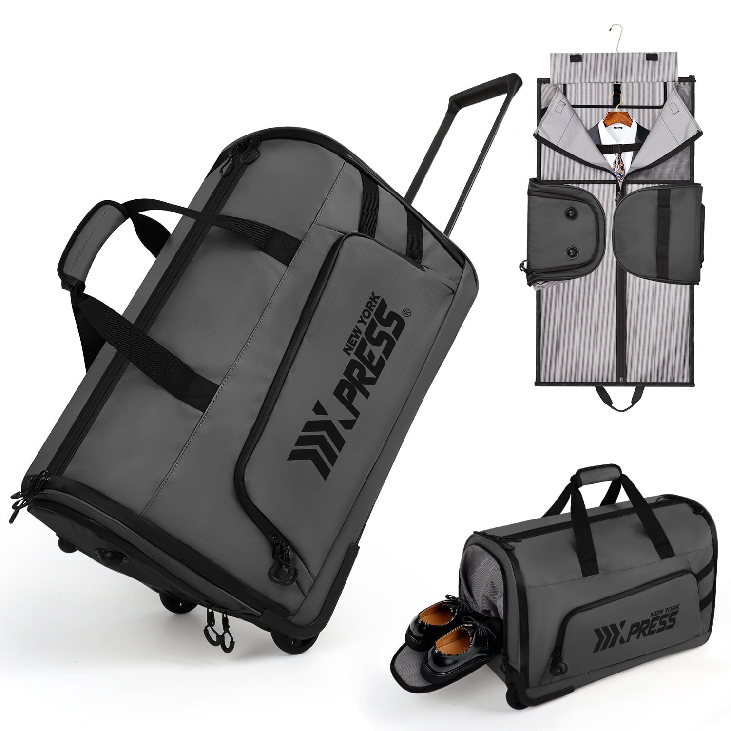 New York Xpress Convertible Rolling Garment Bag for Travel, with Wheels & Shoe Pouch, for Weekend & Business, Grey, RG161