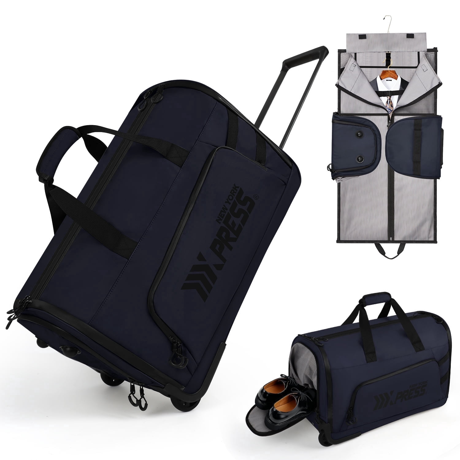 New York Xpress Convertible Rolling Garment Bag for Travel, with Wheels & Shoe Pouch, for Weekend & Business, Navy, RG161