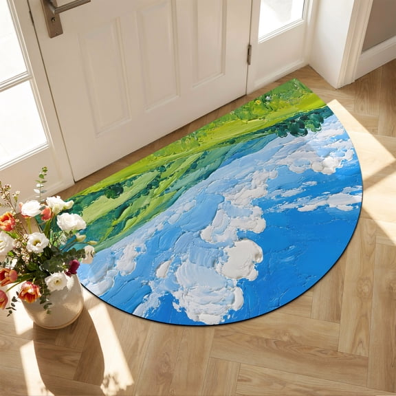 Rolling Green Hills Diatomaceous Earth Bath Mat, Rustic Meadow Blue Cloud Sky Oil Painting Half Round Non-Slip Quick Dry Door Mat Super Absorbent Bath Rug for Bathroom Kitchen Laundry 16x24in