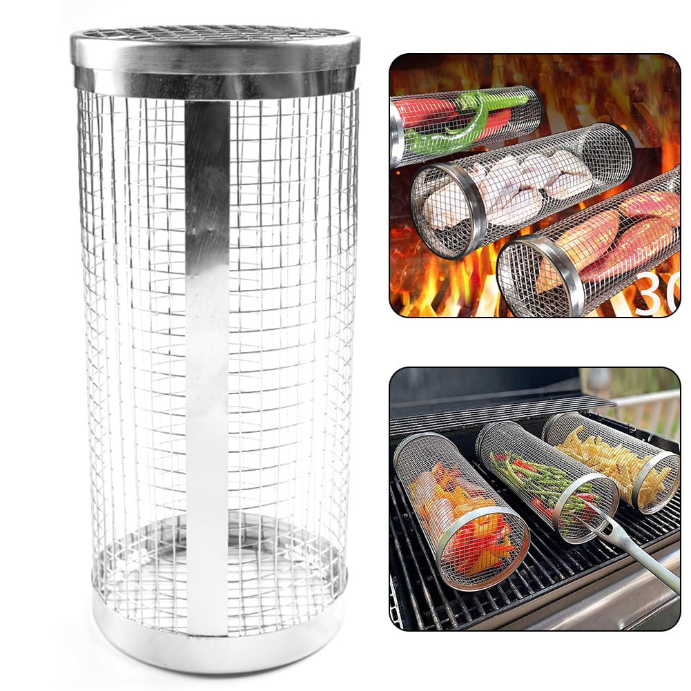 Rolling Grill Basket BBQ Net Cylinder Barbecue Grilling Meat Vegetables
