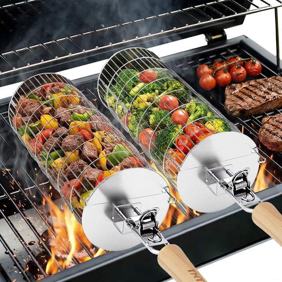 Rolling Grill Basket, Larger 304 Stainless Steel Nesting Grilling Net, Removable Handle, BBQ Accessories Tools for Veg Shrimp, Outdoor Cooking Camping Father's Day grilling gifts for men Dad
