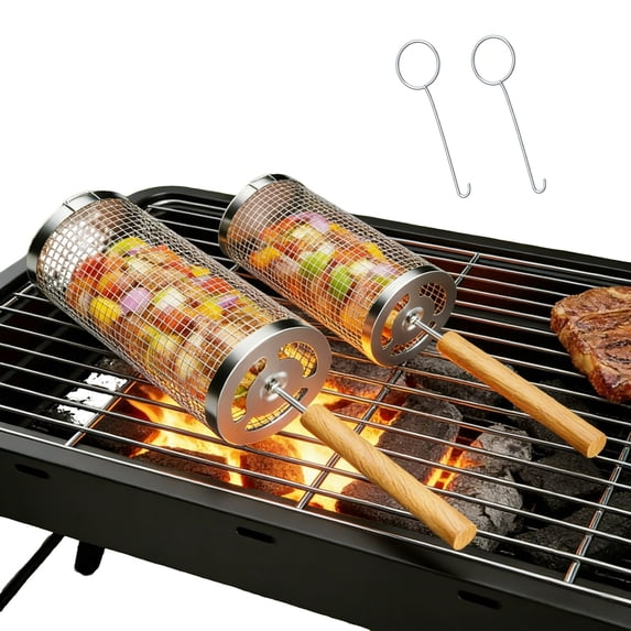 Rolling Grill Basket with Removable Wooden Handle 304 Stainless Steel Nesting BBQ Tools Smoker Grilling Accessories for Vegetable, Outdoor Cooking Camping with 2 Grill Basket Open Hooks