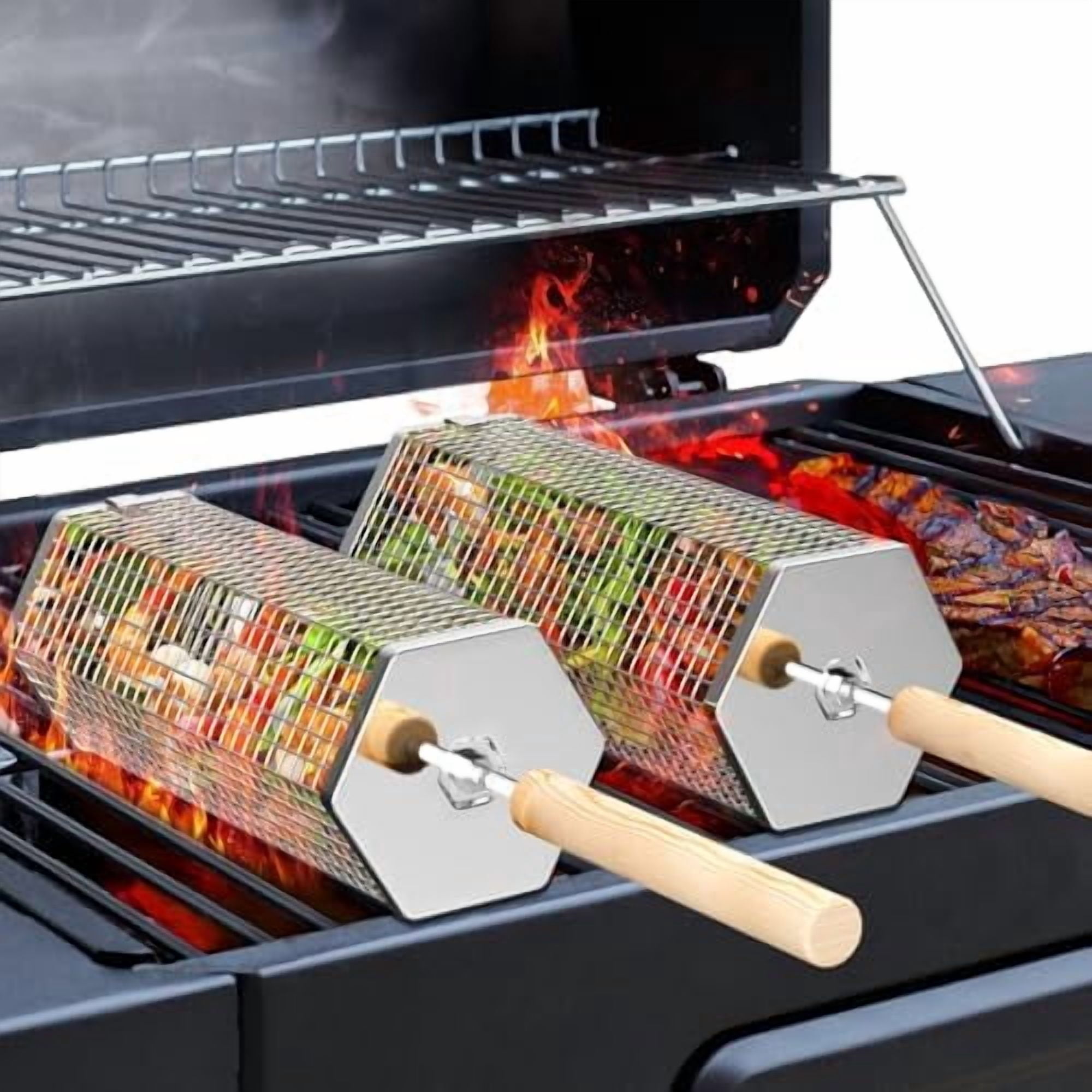 Good Cook Nesting Tools Rolling Grill Basket, Removable Wooden Handle, 304 Stainless Steel ...