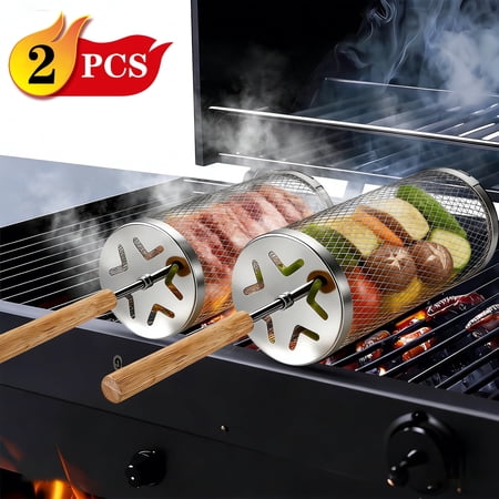 FOUKUS Grill Basket 2PCS: Rolling Grill Basket for 360° Even Grilling, Stainless Steel Grill Baskets for Outdoor Grill, Vegetable Grill Basket BBQ Grilling Accessories & Gifts for Men Dad Husband