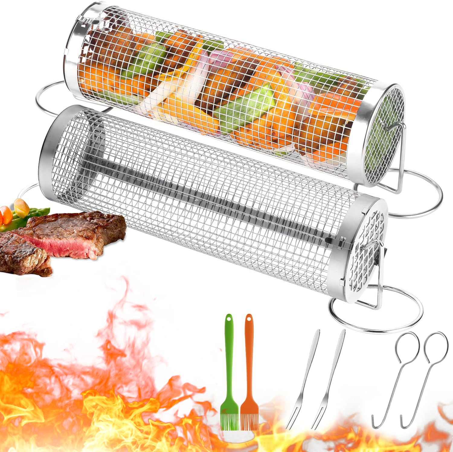 Frogued Iron Wire Barbecue Grilling Basket BBQ Net Wooden Handle Meat