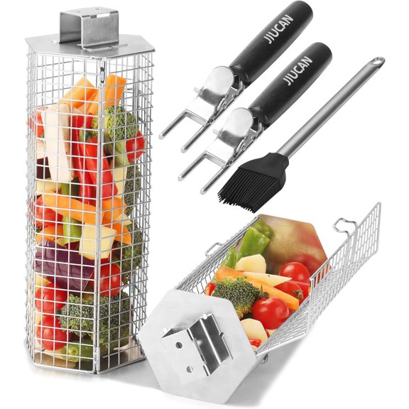 Rolling Grill Baskets Set, 2 PCS Stainless Steel Grill Baskets with Removable Wooden Handles, Nesting BBQ Tools, Hexagon Design for Outdoor Cooking CampingBirthday Gifts for Men Dad Husband