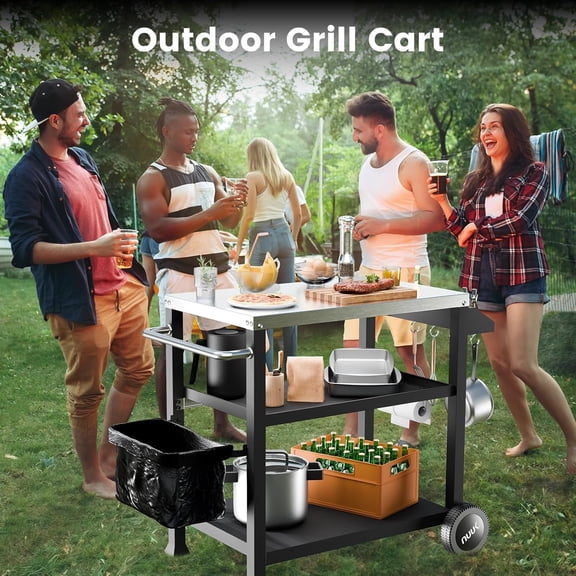 Rolling Grill Cart for Outdoor – 3 Shelf BBQ Prep Table with Stainless Steel Top, 20 x 32 Heavy Duty Pizza Oven Stand with Wheels