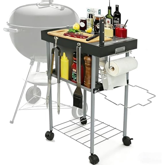 Rolling Grill Side Table Cart for 18"/22" Weber Charcoal Kettle Grills - Outdoor Prep Stand with Wheels, Mesh Storage Racks for Backyard BBQ, Camping, Parties$$Garden & Patio