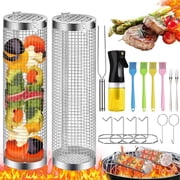 Rolling Grilling Basket, 2 PCS BBQ Grill Basket, Stainless Steel Grill Mesh with Grilling Accessories,Portable Outdoor Camping BBQ Grill Nets Cylinder