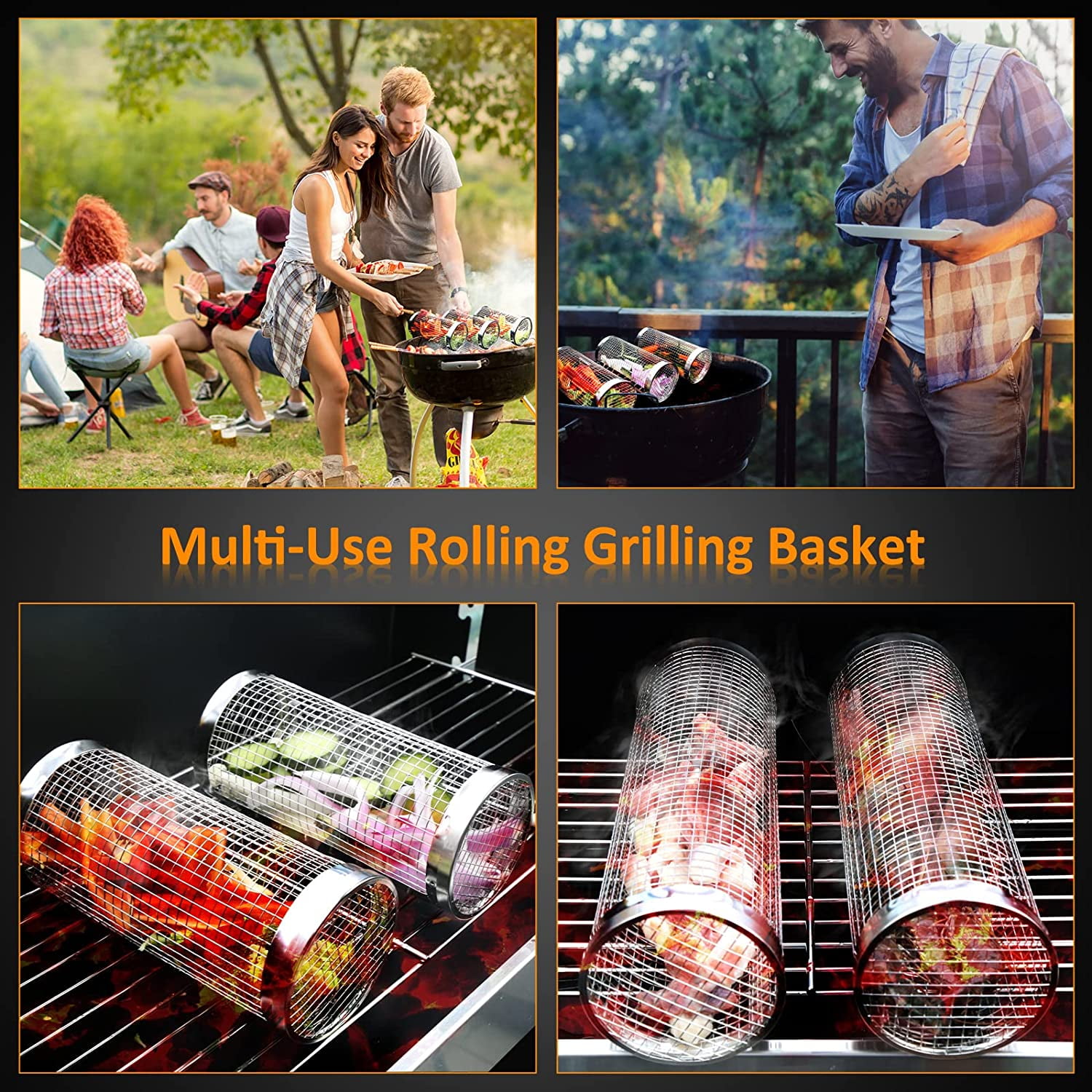 Rolling Grilling Basket, 2 PCSGrill Basket BBQ Grill Basket, Stainless