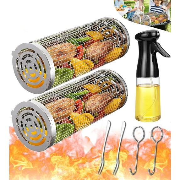Rolling Grilling Baskets for Outdoor Grill Bbq Net Tube Large Roatating Circular Vegie Baskeys for Charcoal Flat Top Cooking Basket Gadgets for Grillbaskets Griller Gift for Men from Wife Girlfriend