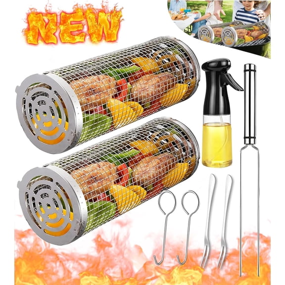 Rolling Grilling Baskets for Outdoor Grill Bbq Net Tube Stainless Steel Large Round Mesh Rotation Barbecue Cylinder Cage Cooking Accessories for Veggies Vegetable Fish Meat Food Camping, Gift for Men