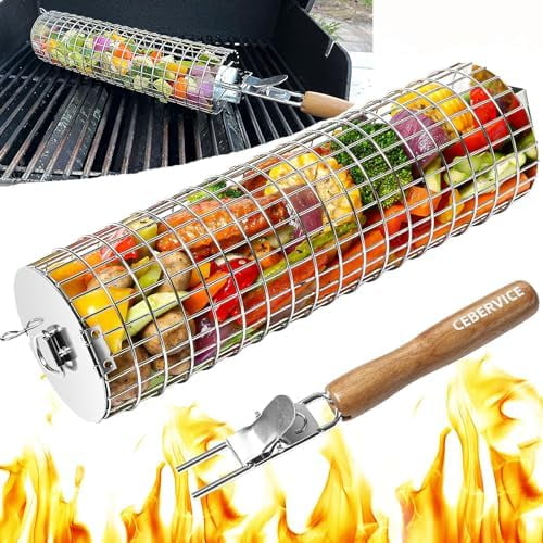 Rolling Grilling Baskets for Outdoor Grill, Thickened SUS304 Stainless Steel, REMOVABLE HANDLE, Round Cylinder BBQ Grill Basket for Veggies Fish Meat, Barbeque Griller Accessories Gifts for Men Dad
