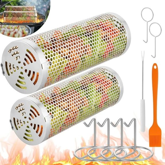 Rolling Grilling Baskets for Outdoor Grilling BBQ Grill Basket Stainless Steel, grill basket for veggies Fish, Shrimp, Meat, Fries Food Camping, Gift for Men(Small+Large)