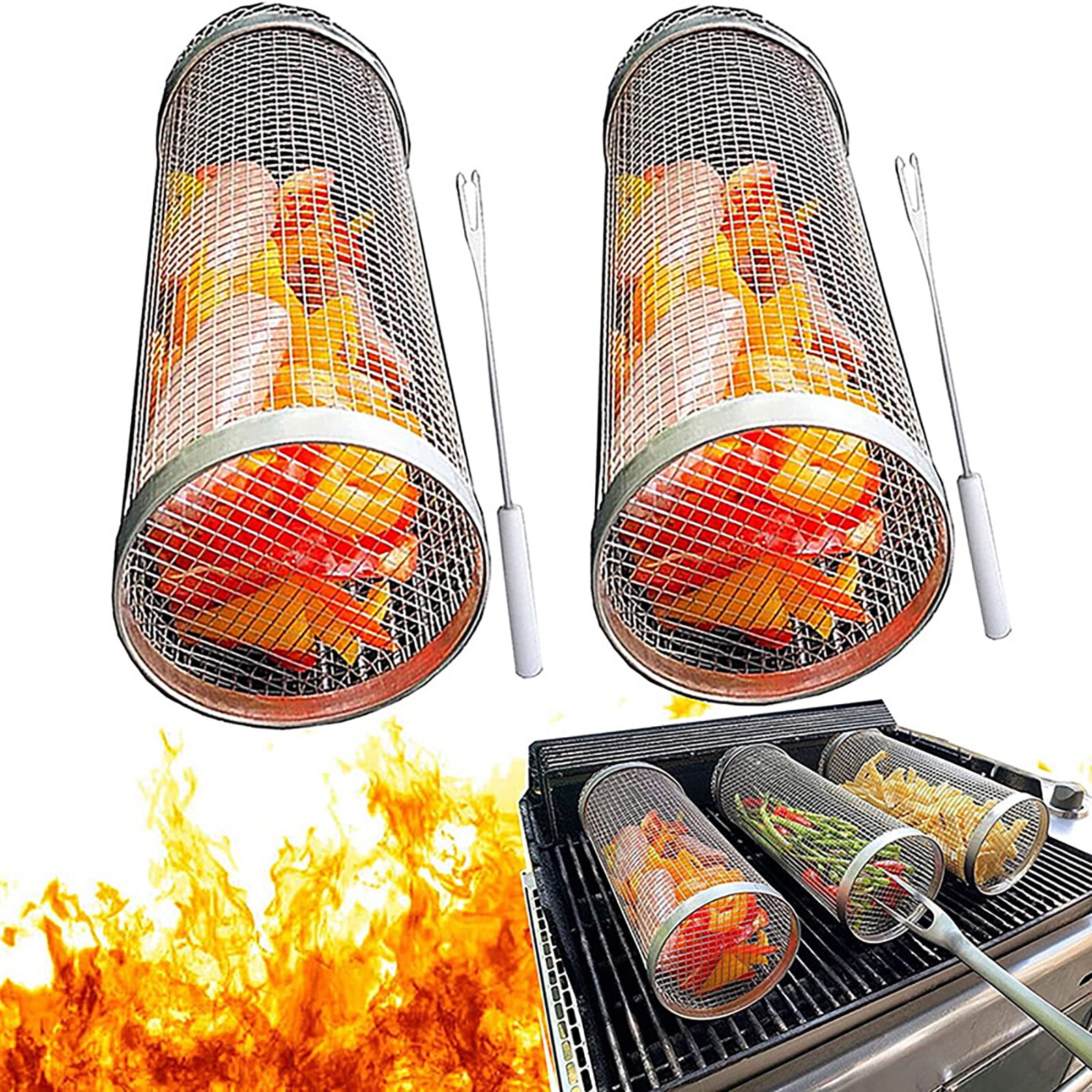 Rolling Grilling Baskets, Stainless Steel Cylinder Tubes Vegetable Cage