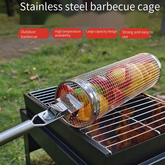 Rolling Grilling Baskets for Outdoor Barbecue Cage with Handle Grill Bbq Net Tube Stainless Steel Large Round Mesh A