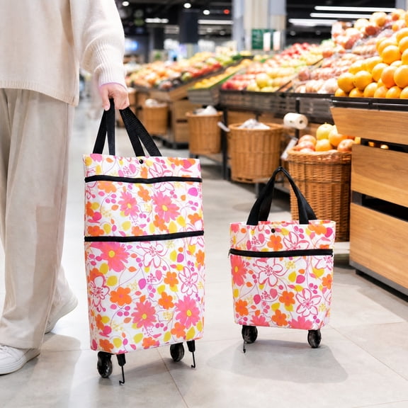 Rolling Grocery Shopping Bag, Foldable Wheeled Market Tote With Expandable Capacity Waterproof Zipper Pockets, Reusable Shopping Cart Bag for Supermarket Travel Daily Errands
